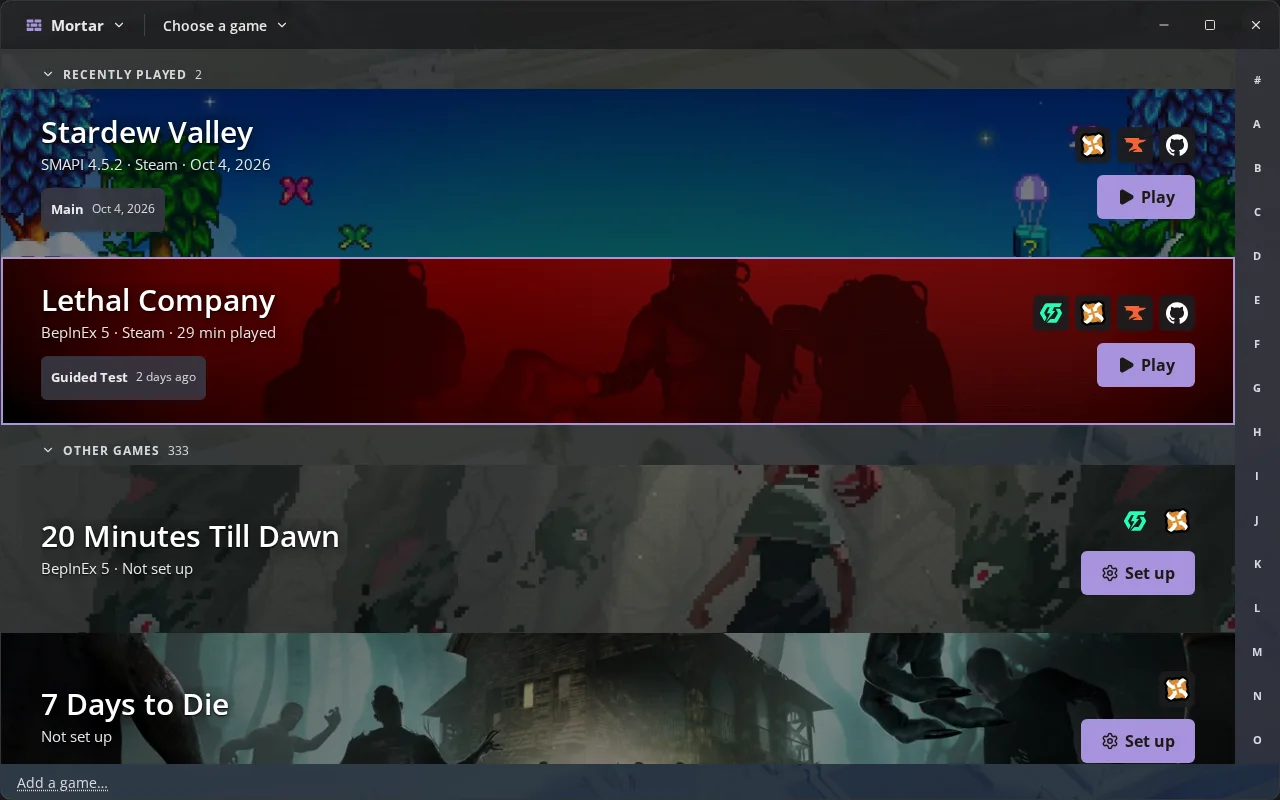 Game select at the Steam Deck’s resolution with the Lethal Company row focused by a gamepad