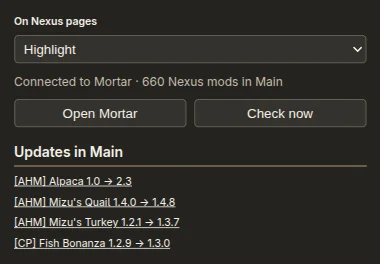 The extension popup connected to Mortar: 660 Nexus mods in the Main profile and the updates available for them