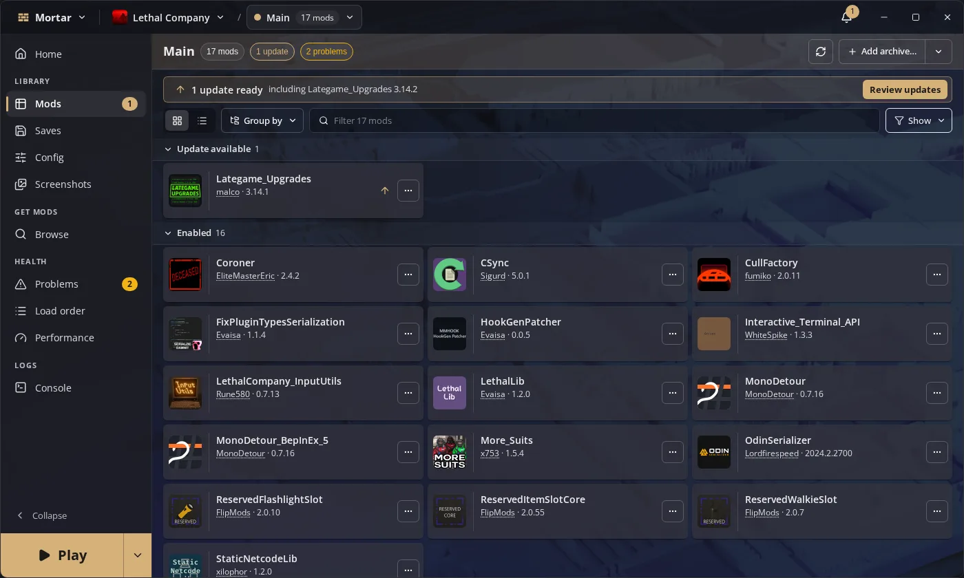 A Lethal Company profile in Mortar with its Thunderstore mods