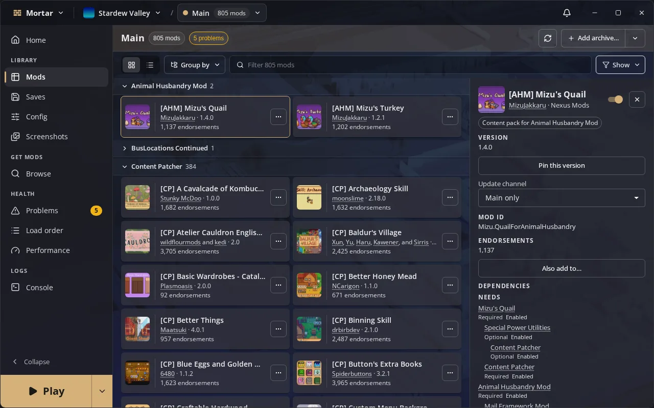 Mortar showing a Stardew Valley profile of mods with cover art