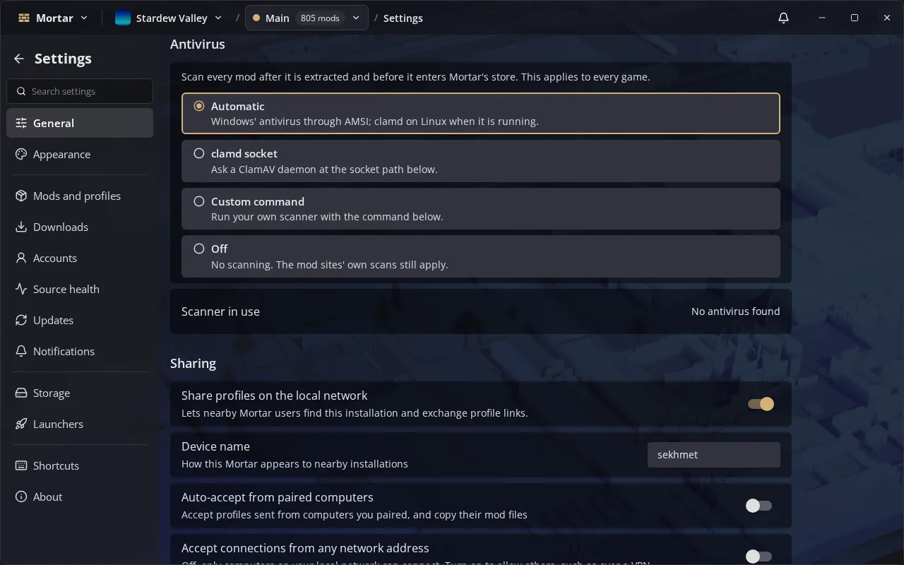 General settings with the antivirus choices: Automatic, clamd socket, custom command or off