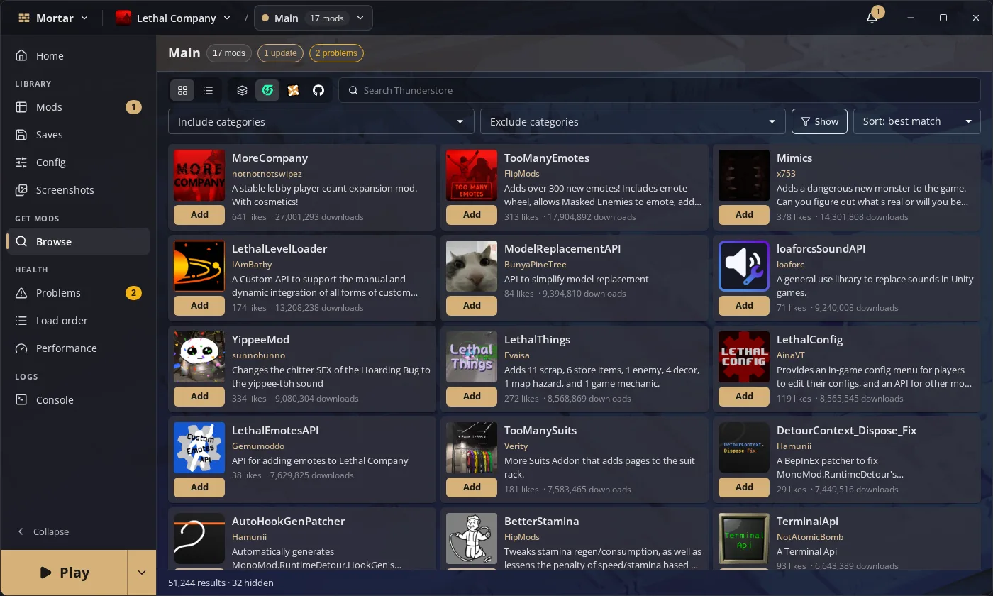 The Browse tab listing Lethal Company packages from Thunderstore